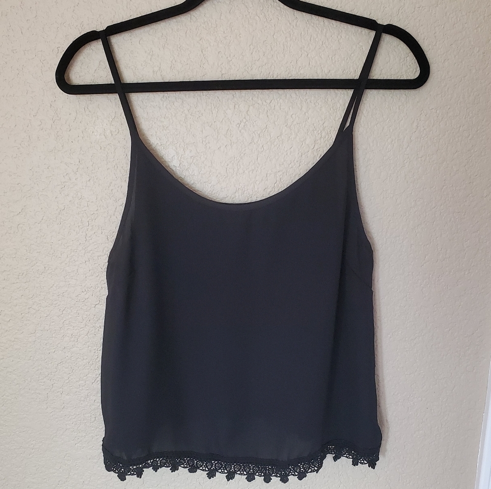 Stoosh Black Semi-Sheer Flowy Tank Crochet Hem